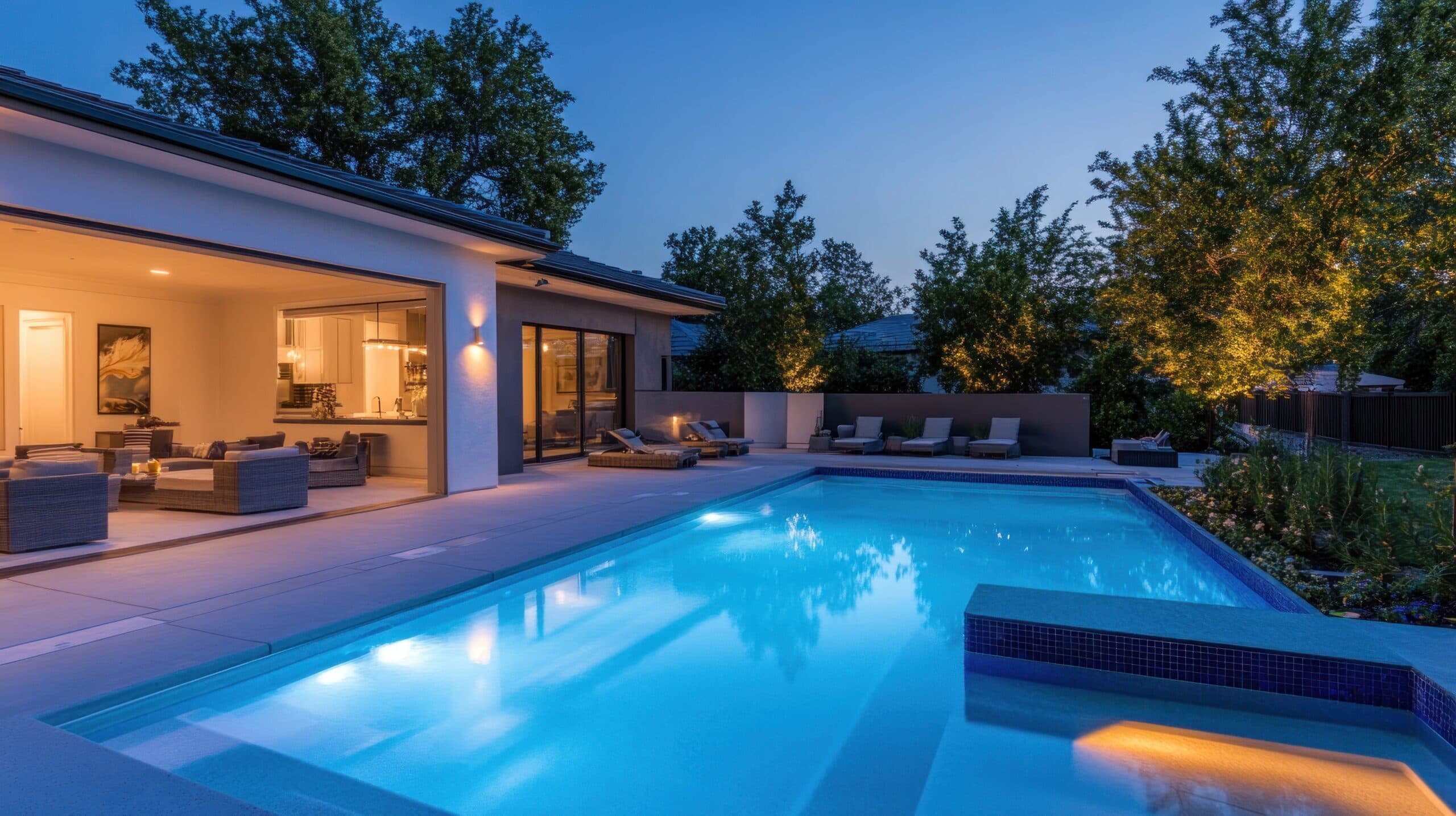 Richmond Virginia A sleek modern luxury home with a spacious swimming pool and contemporary outdoor seating, illuminated by bright lighting to enhance the details --ar 16:9 --v 6.1 Job ID: 8f142eb1-0ed5-4333-b791-02b06472b554