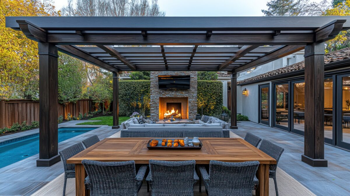 Pergola with poolside seating in Chantilly VA backyard