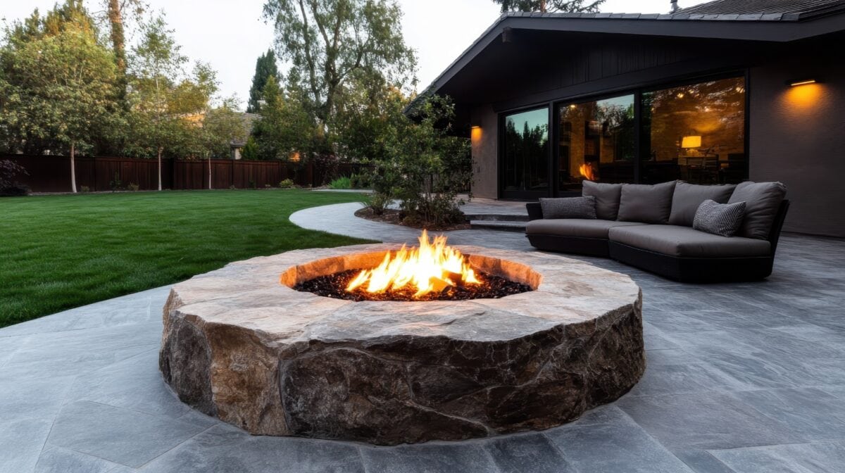 Modern backyard in Culpeper, VA with a pool, fireplace, and covered lounge area