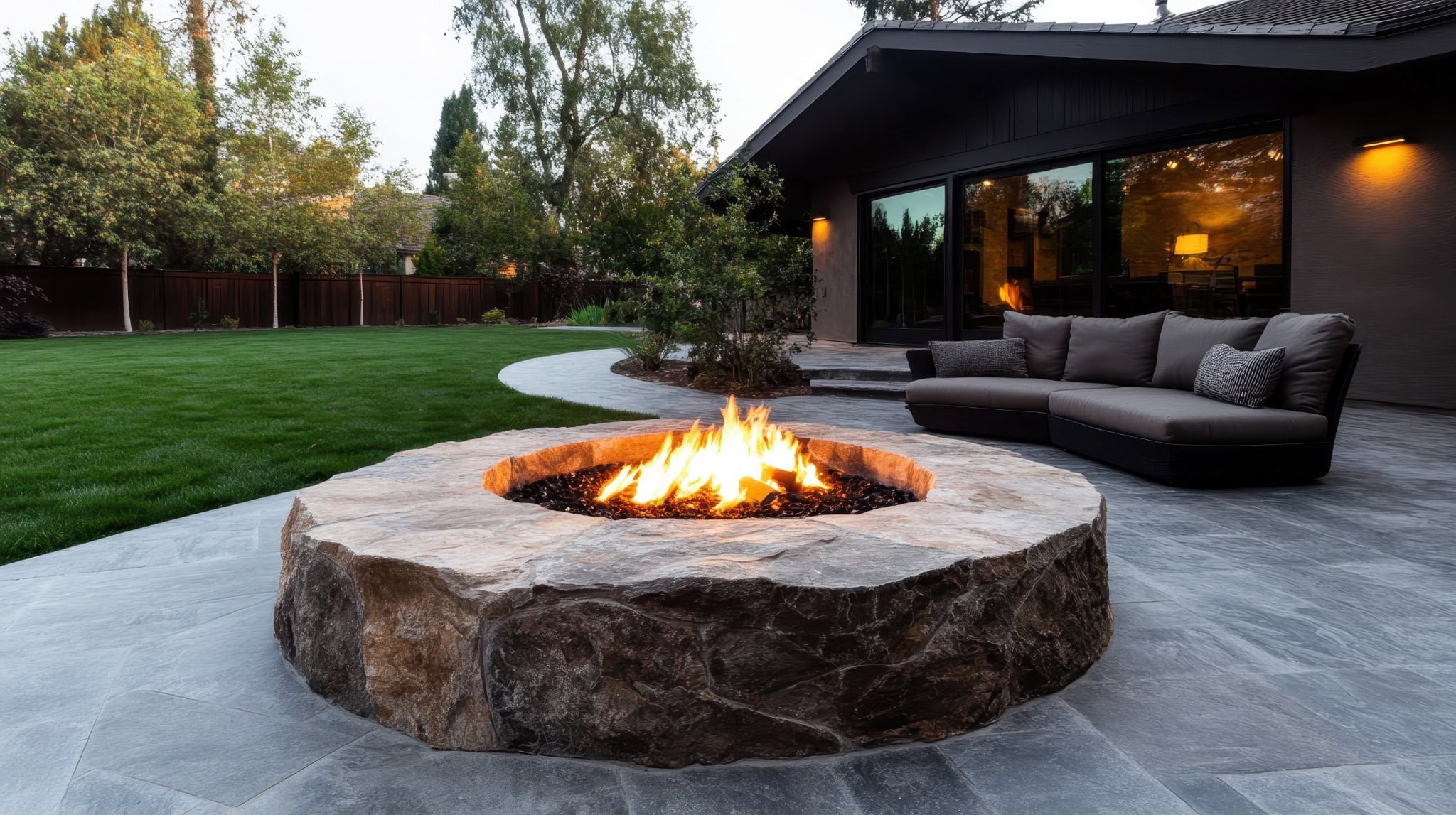 culpeper-stone-firepit-backyard-evening-entertaining-space Modern backyard in Culpeper, VA with a pool, fireplace, and covered lounge area