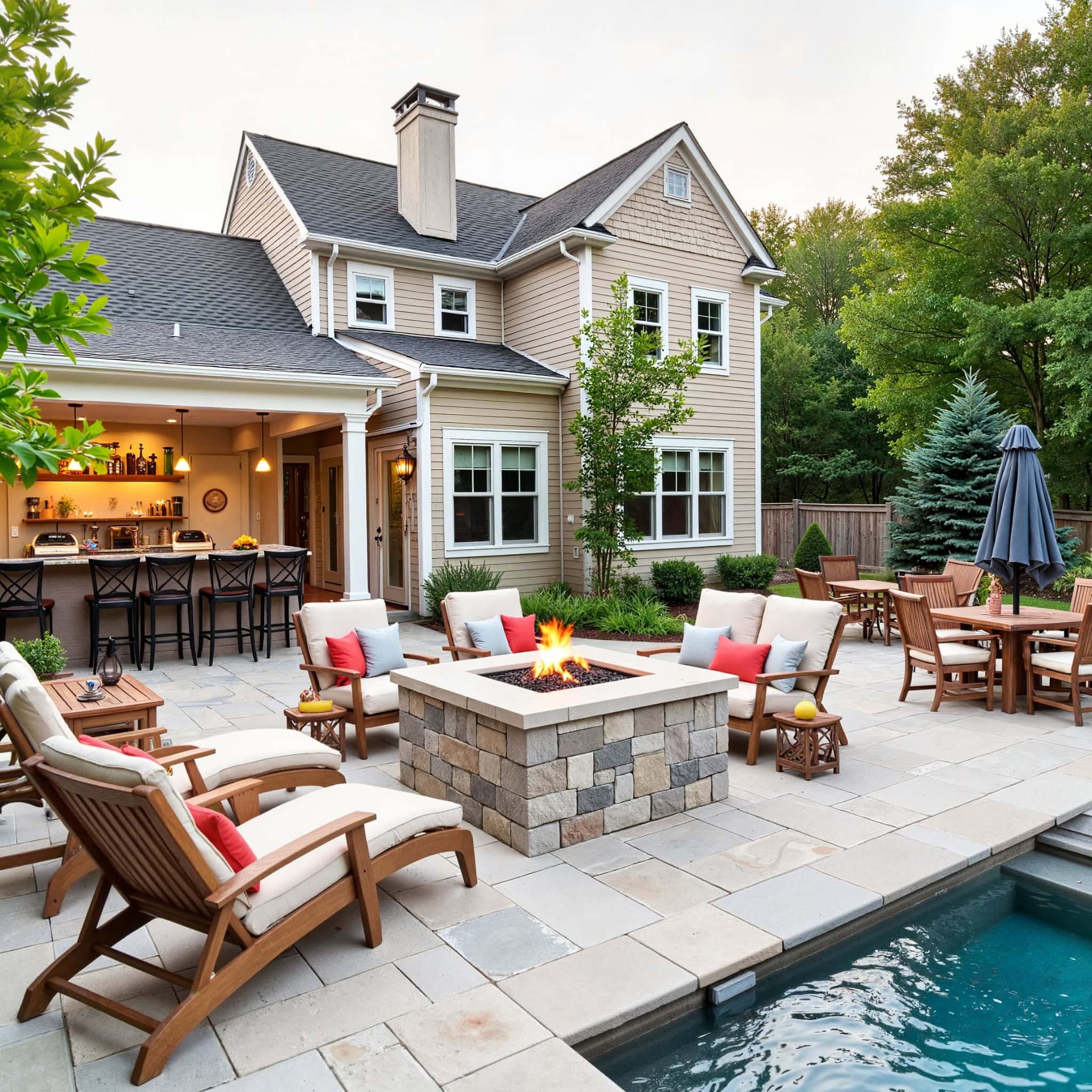 High-end outdoor kitchen and pool patio in Fairfax County with lush landscaping and modern design perfect for summer gatherings.