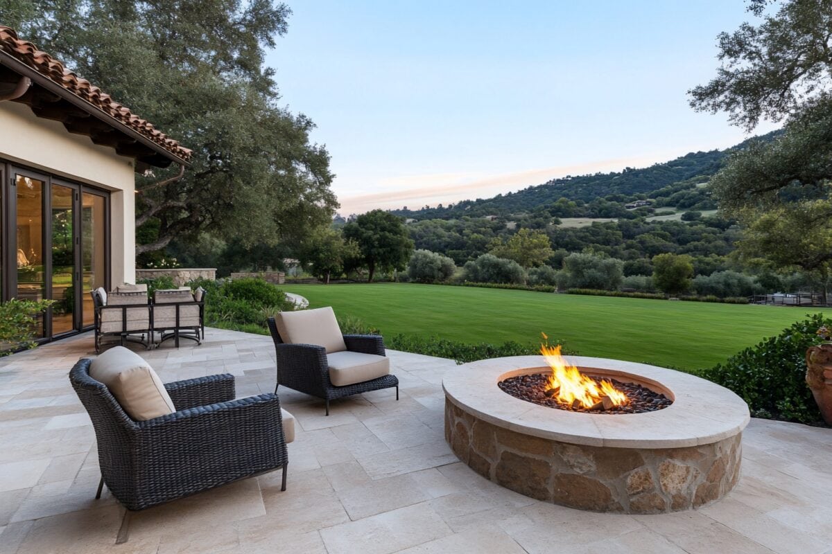 Elegant stone patio in Loudoun County featuring a cozy fire feature with expansive backyard views.