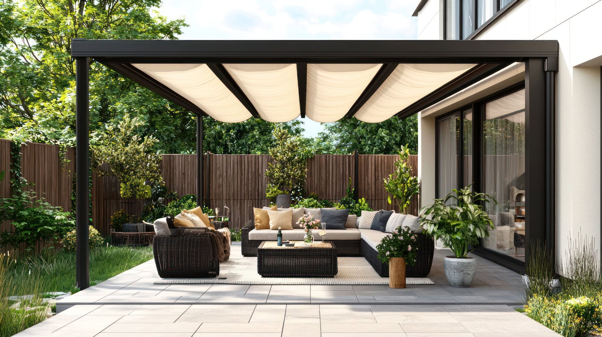 Modern covered patio in Aldie, VA with cozy outdoor furniture, perfect for entertaining guests or relaxing at home.