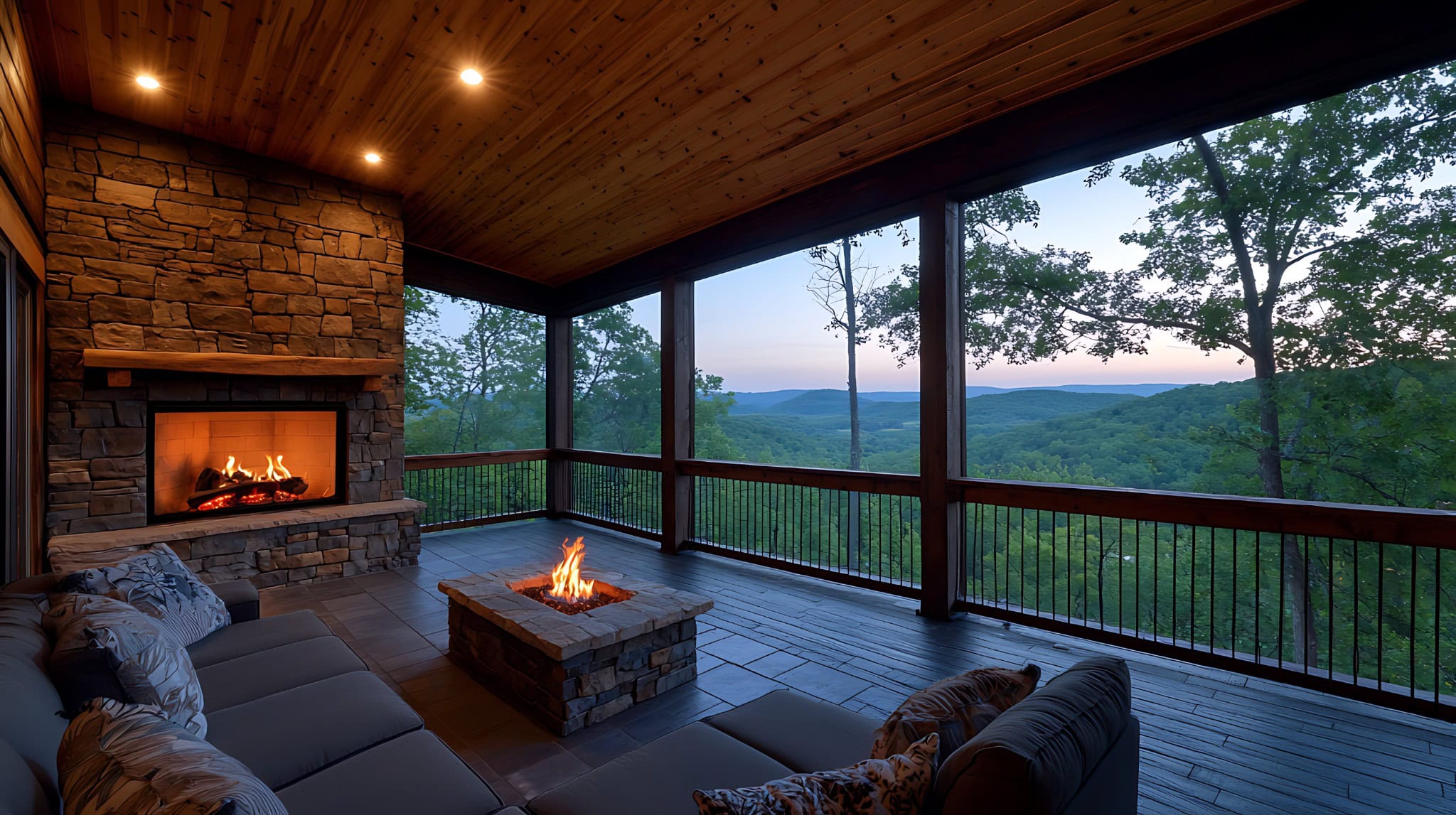 Deck with fireplace and mountain view in Aldie VA backyard