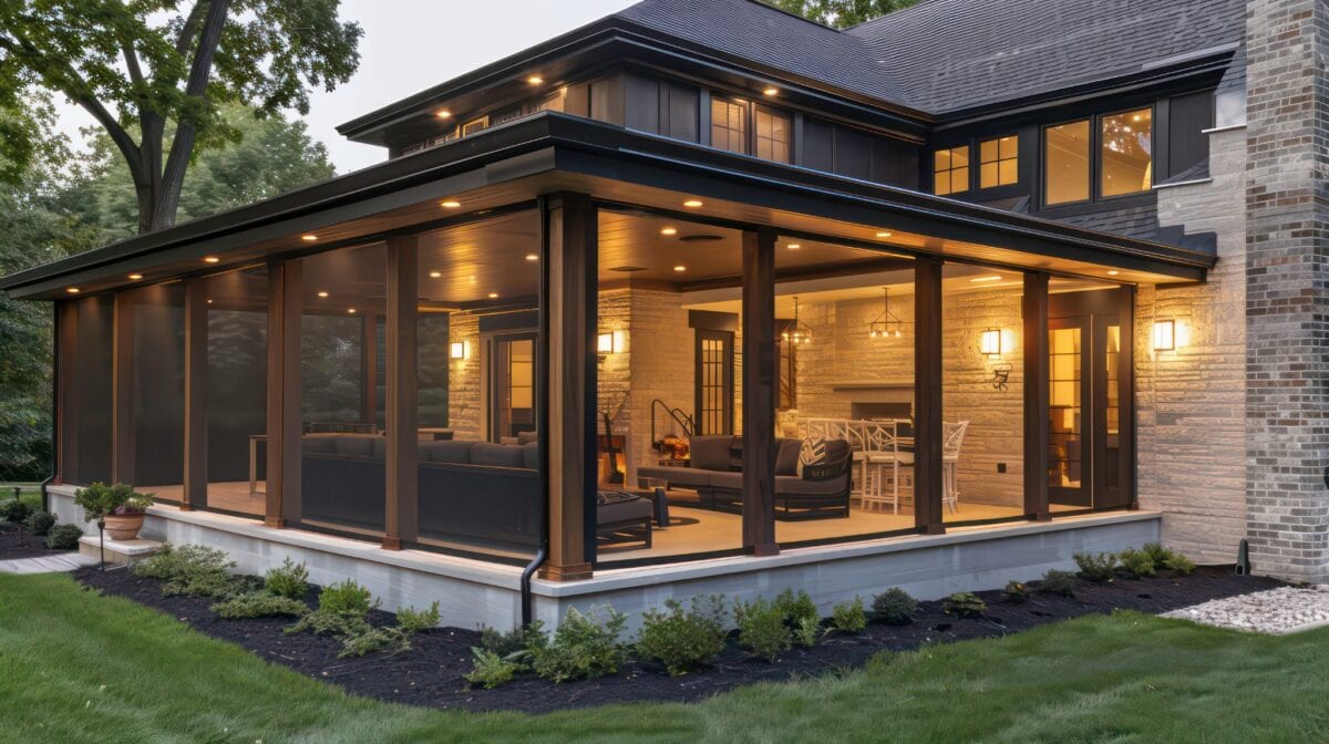 Screened-in porch with fireplace in Haymarket VA backyard