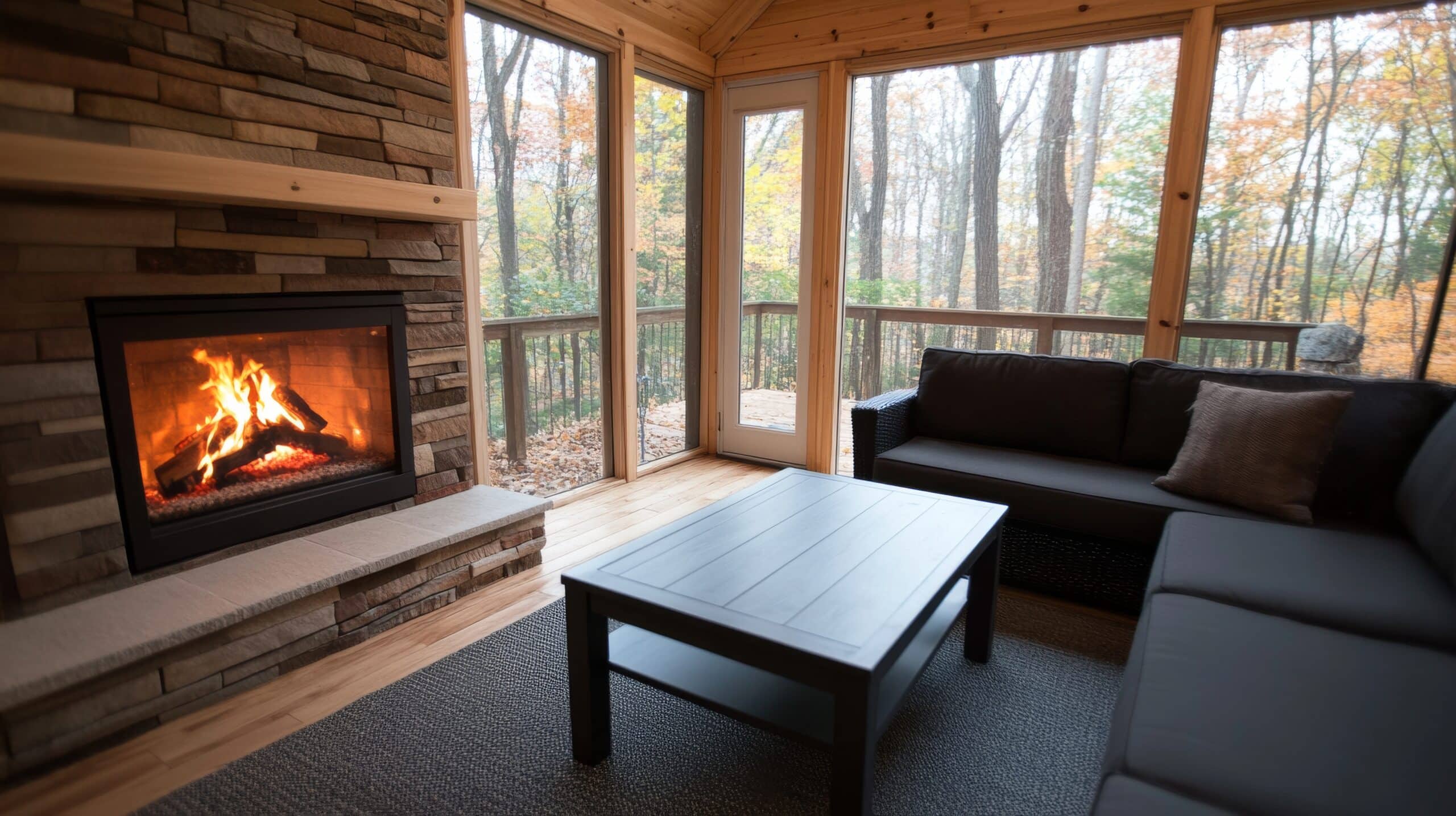Cozy cabin screened porch fireplace autumn forest relaxation