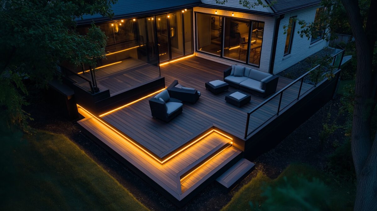 Modern composite deck in Vienna, VA with integrated LED lighting and sleek glass railing