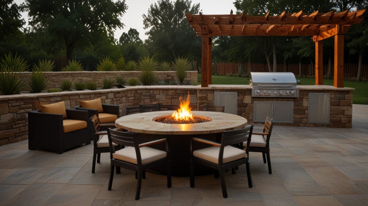 Fire pit patio with outdoor kitchen and pergola in a Vienna, VA backyard