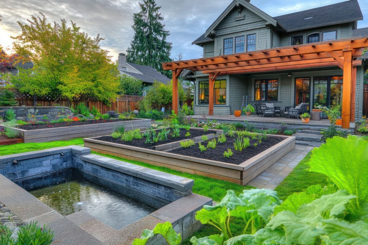 Landscaped backyard with pergola, garden beds, and water feature