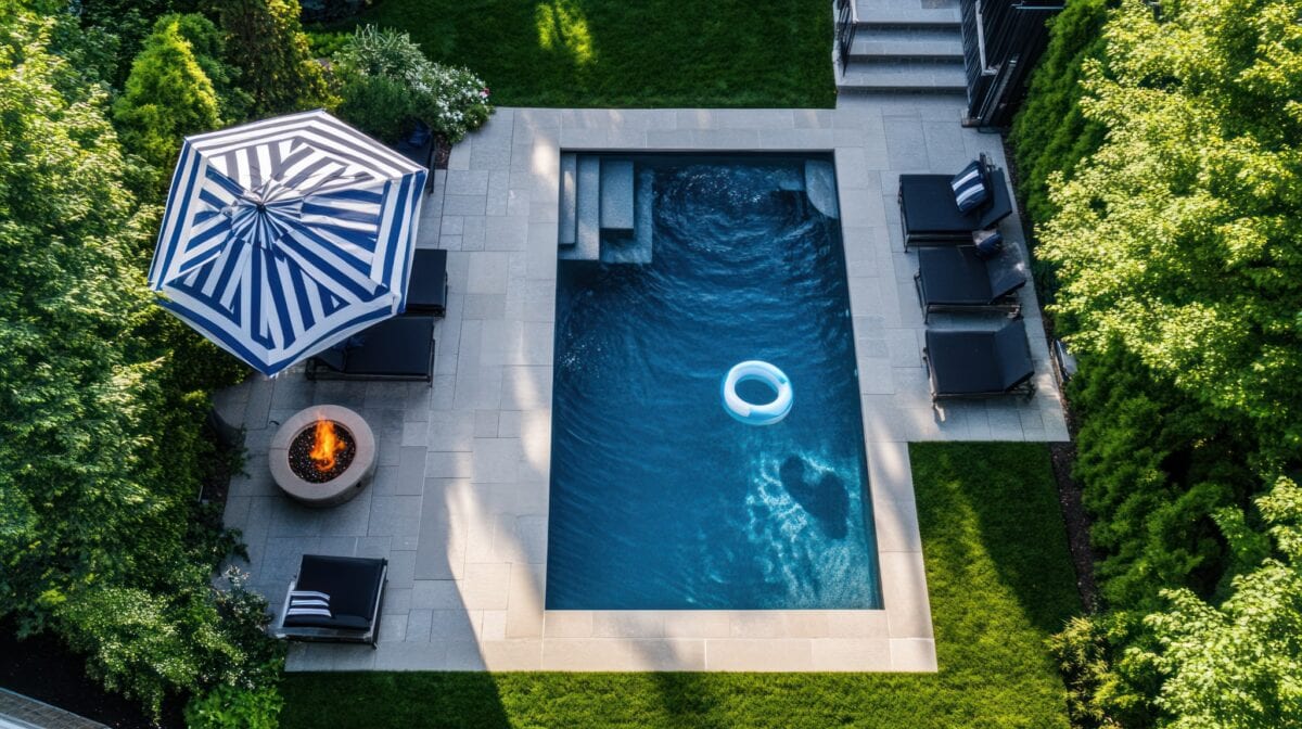 Modern backyard pool with stone fire pit and lounge seating in Fredericksburg, Virginia, showcasing an outdoor living upgrade for relaxing evenings.