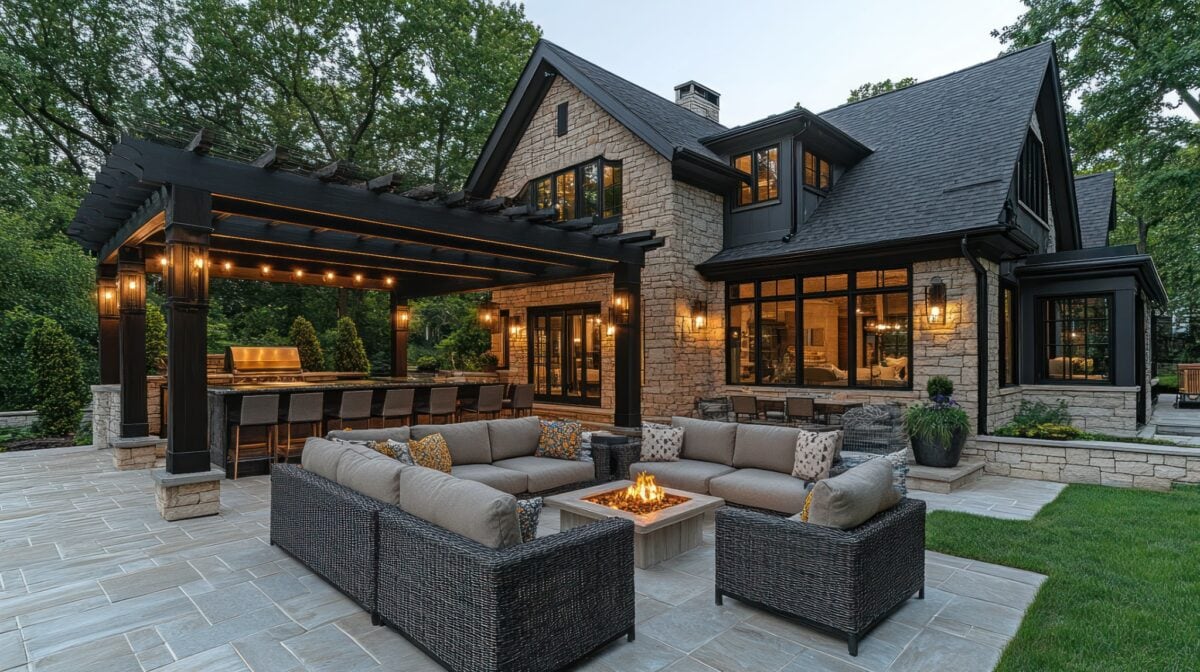 Elegant fire pit lounge with pergola and outdoor kitchen in McLean backyard