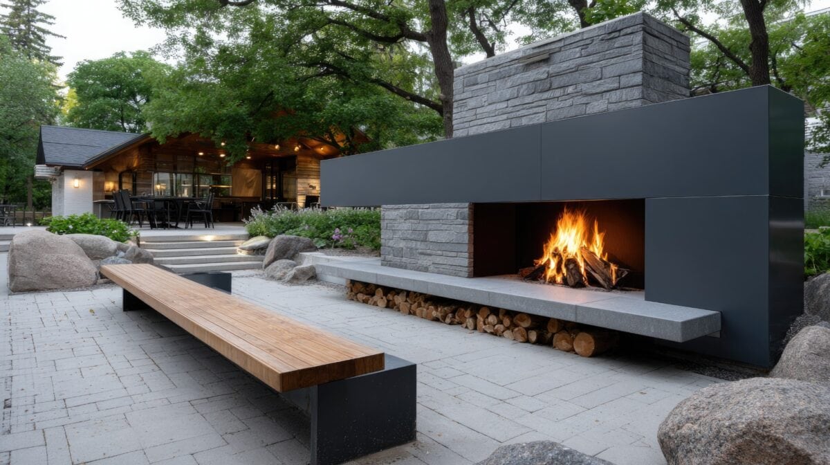 Modern outdoor fireplace with sleek design and wood storage in a luxury McLean backyard