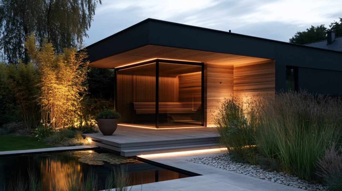 Sleek modern outdoor sauna with glowing accent lighting in Great Falls, VA.

