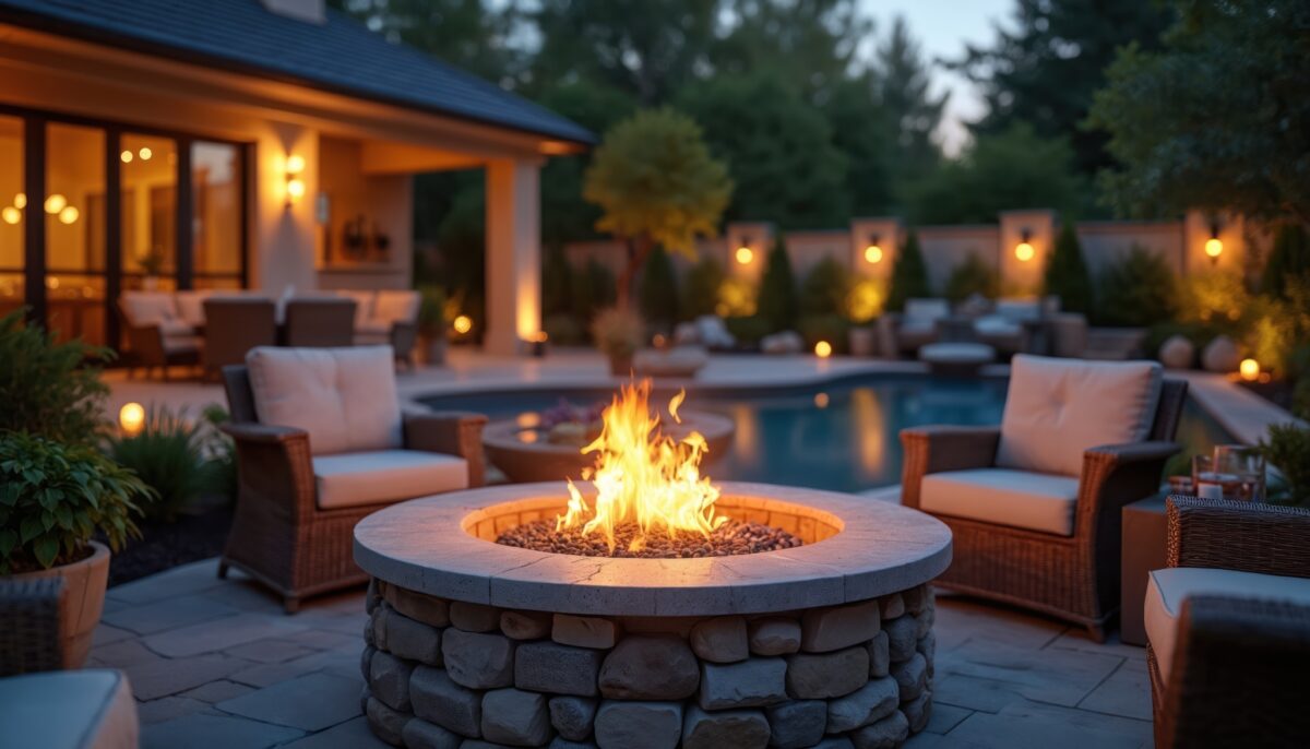 Round stone fire pit beside luxury pool and lounge area in McLean