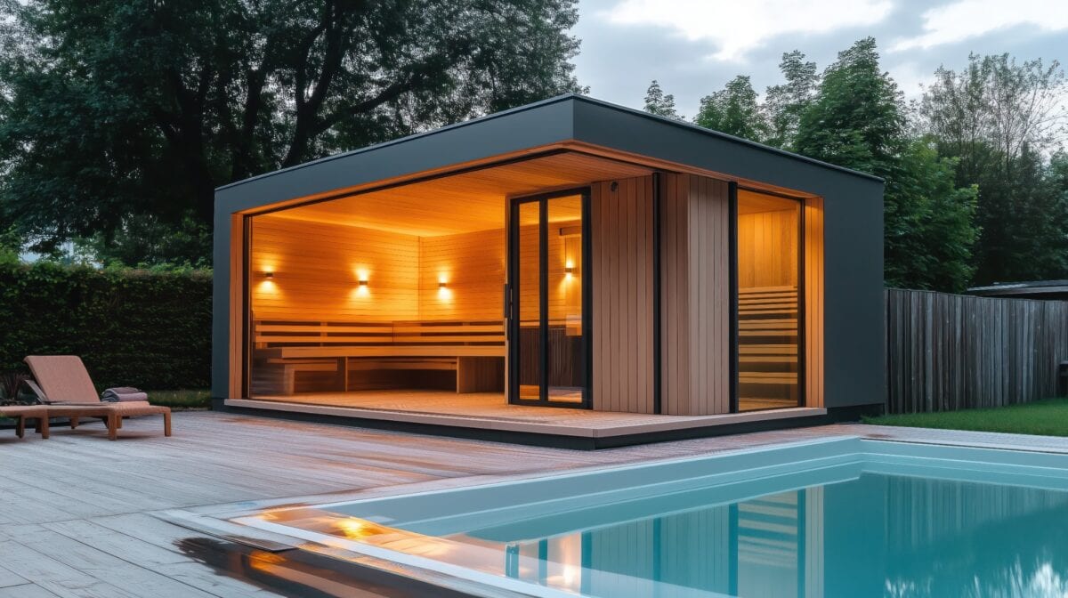 Contemporary sauna and poolside deck designed for wellness in Great Falls.
