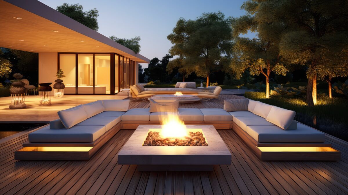 Modern patio with fire pit and outdoor seating
